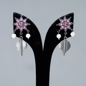Antique Silver Finish Oxidised Brass Base Enamel Work Earrings
