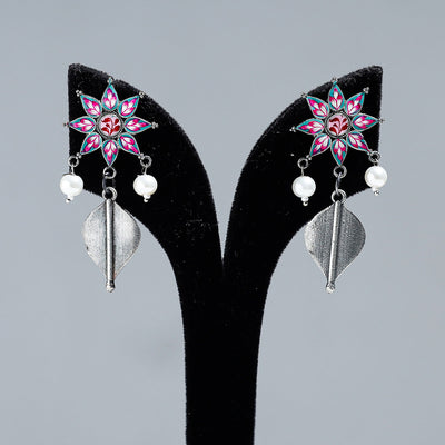 Antique Silver Finish Oxidised Brass Base Enamel Work Earrings