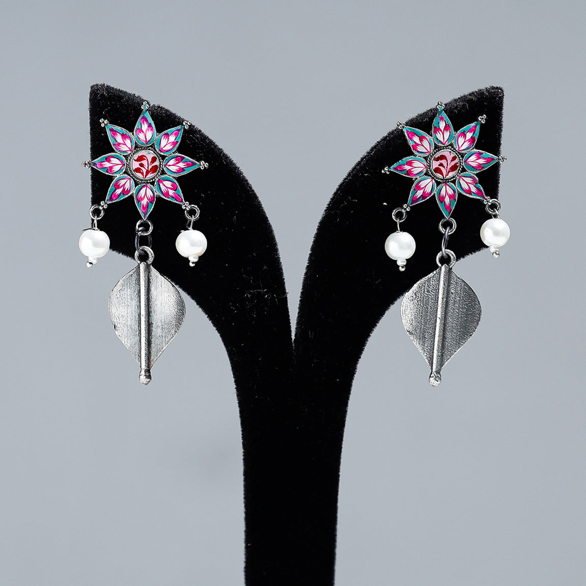 Antique Silver Finish Oxidised Brass Base Enamel Work Earrings