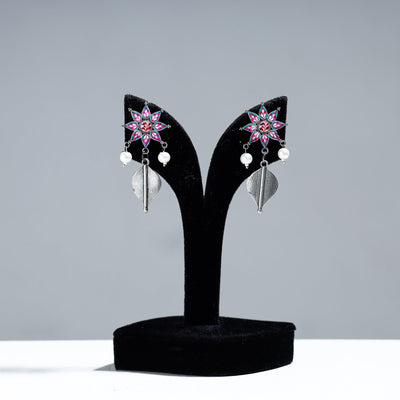 Antique Silver Finish Oxidised Brass Base Enamel Work Earrings