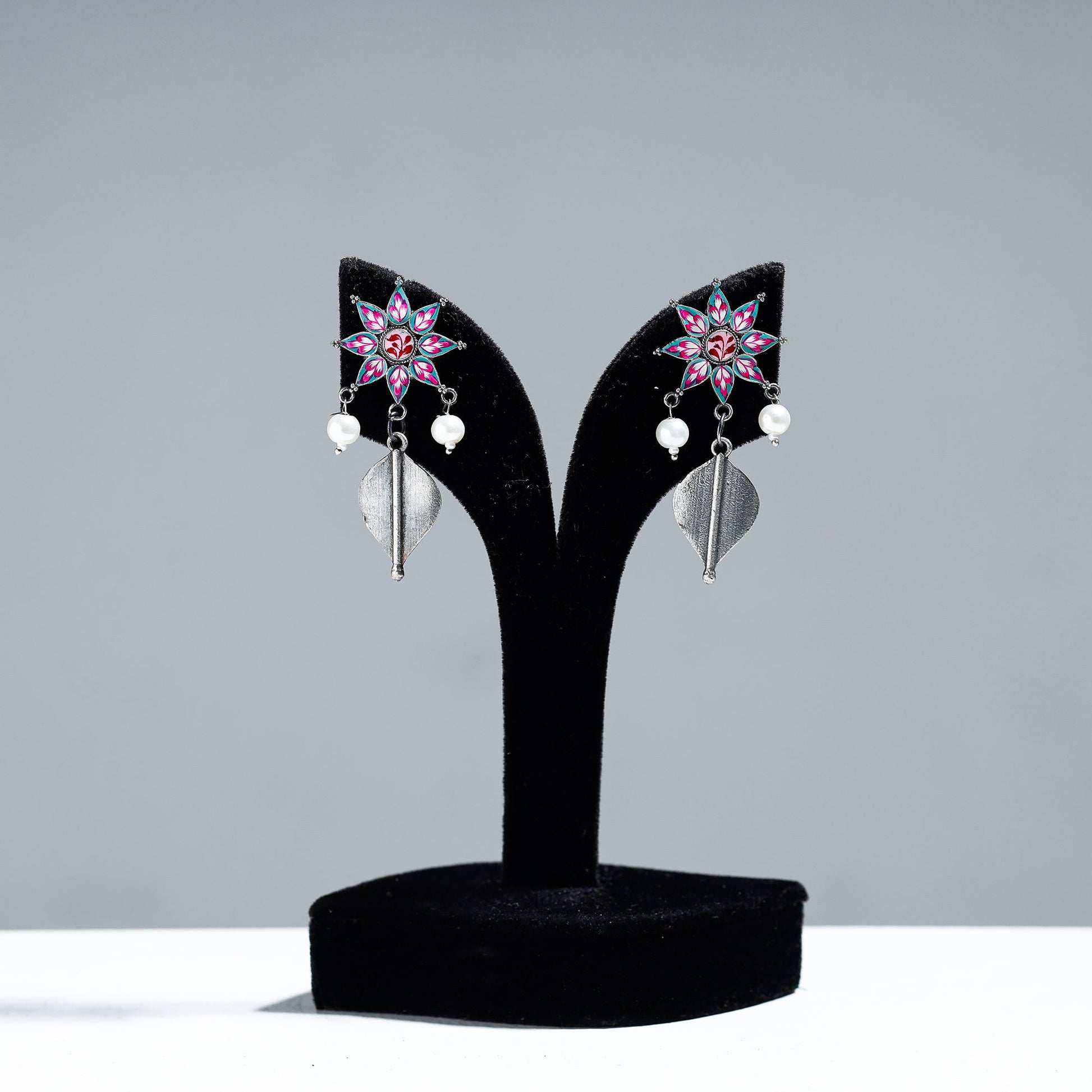 Antique Silver Finish Oxidised Brass Base Enamel Work Earrings