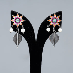 Antique Silver Finish Oxidised Brass Base Enamel Work Earrings