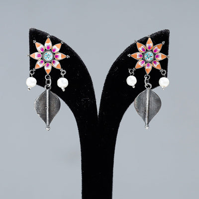 Antique Silver Finish Oxidised Brass Base Enamel Work Earrings