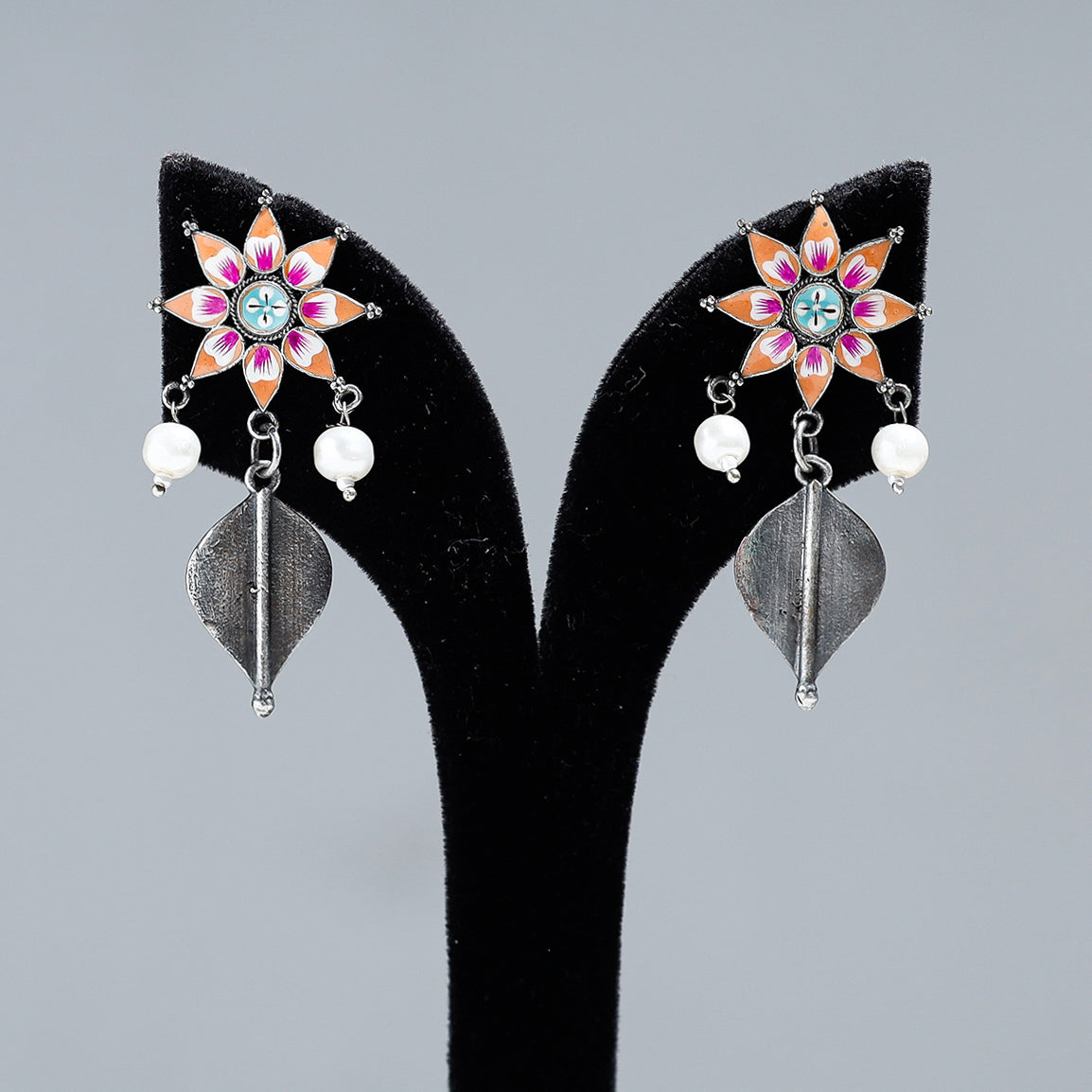 Antique Silver Finish Oxidised Brass Base Enamel Work Earrings