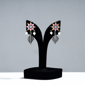 Antique Silver Finish Oxidised Brass Base Enamel Work Earrings