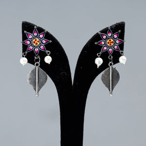 Antique Silver Finish Oxidised Brass Base Enamel Work Earrings