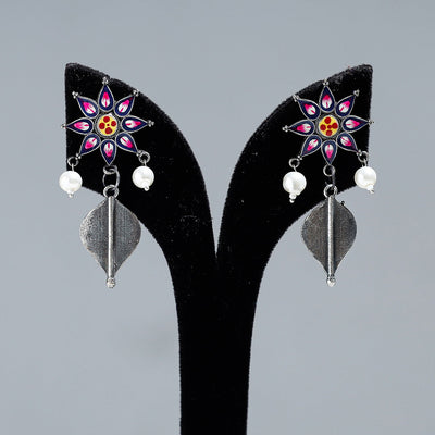 Antique Silver Finish Oxidised Brass Base Enamel Work Earrings