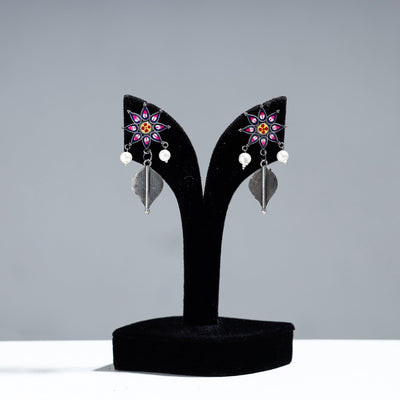 Antique Silver Finish Oxidised Brass Base Enamel Work Earrings