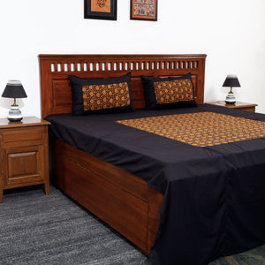 Black - Plain Cotton Double Bed Cover Set with Bagh Patchwork