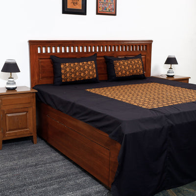Black - Plain Cotton Double Bed Cover Set with Bagh Patchwork