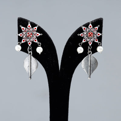 Antique Silver Finish Oxidised Brass Base Enamel Work Earrings