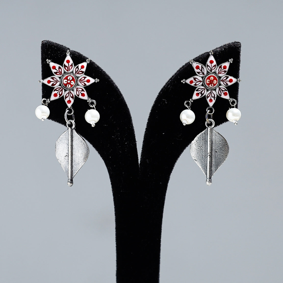 Antique Silver Finish Oxidised Brass Base Enamel Work Earrings