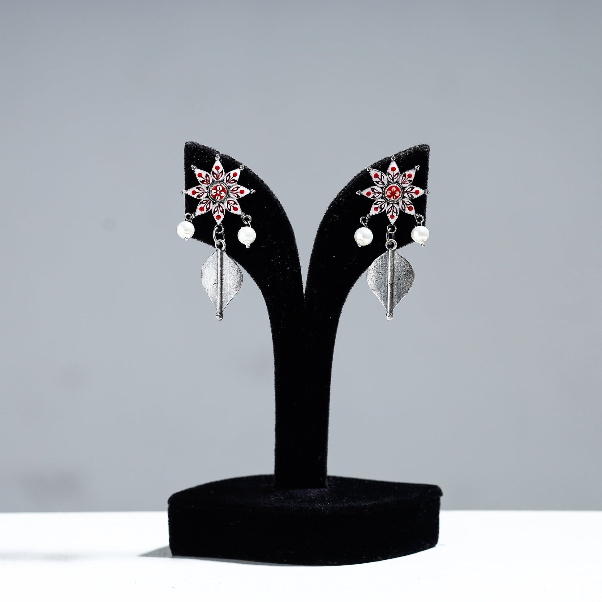Antique Silver Finish Oxidised Brass Base Enamel Work Earrings