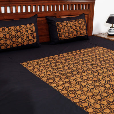 Black - Plain Cotton Double Bed Cover Set with Bagh Patchwork