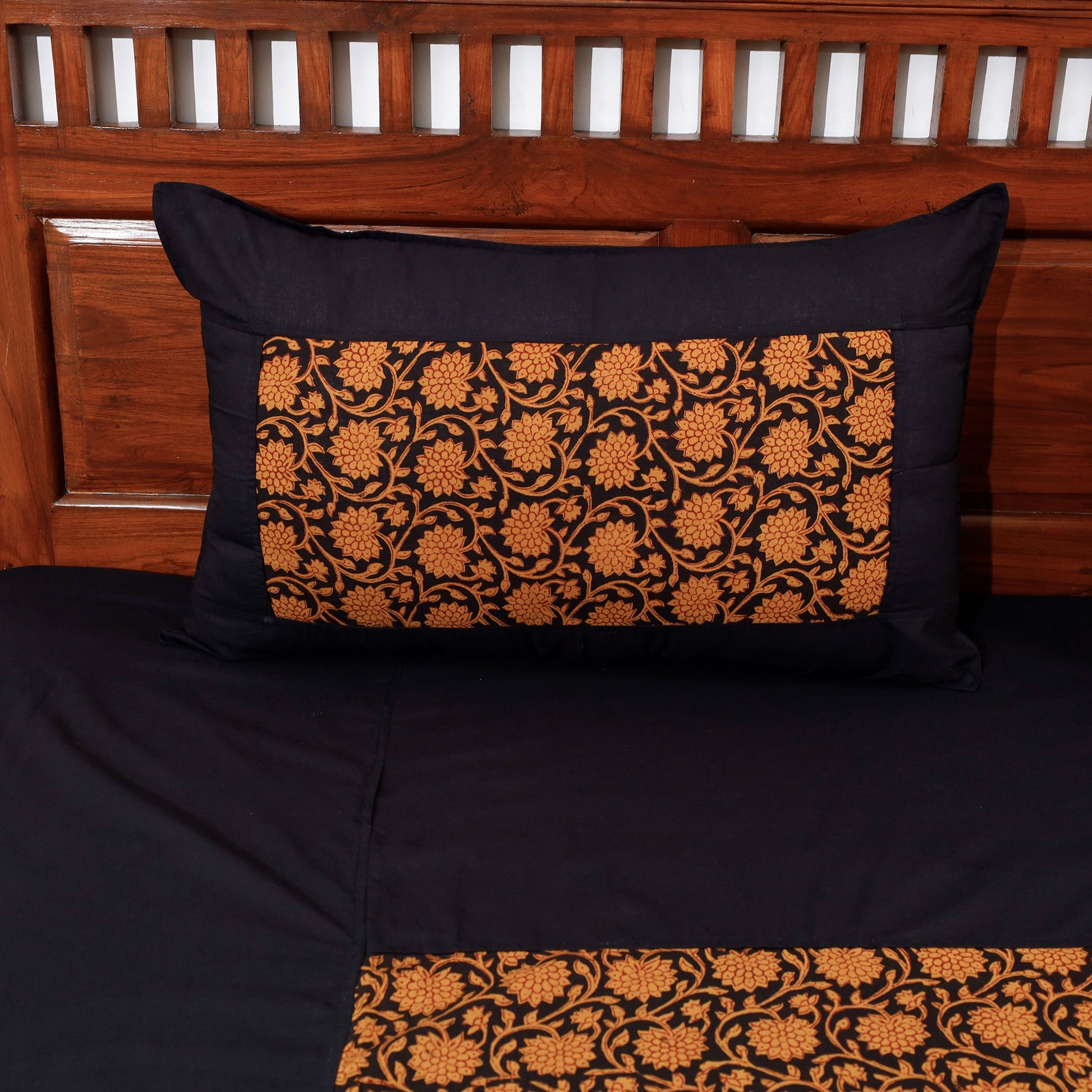 Black - Plain Cotton Double Bed Cover Set with Bagh Patchwork