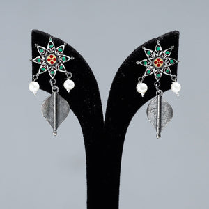 Antique Silver Finish Oxidised Brass Base Enamel Work Earrings