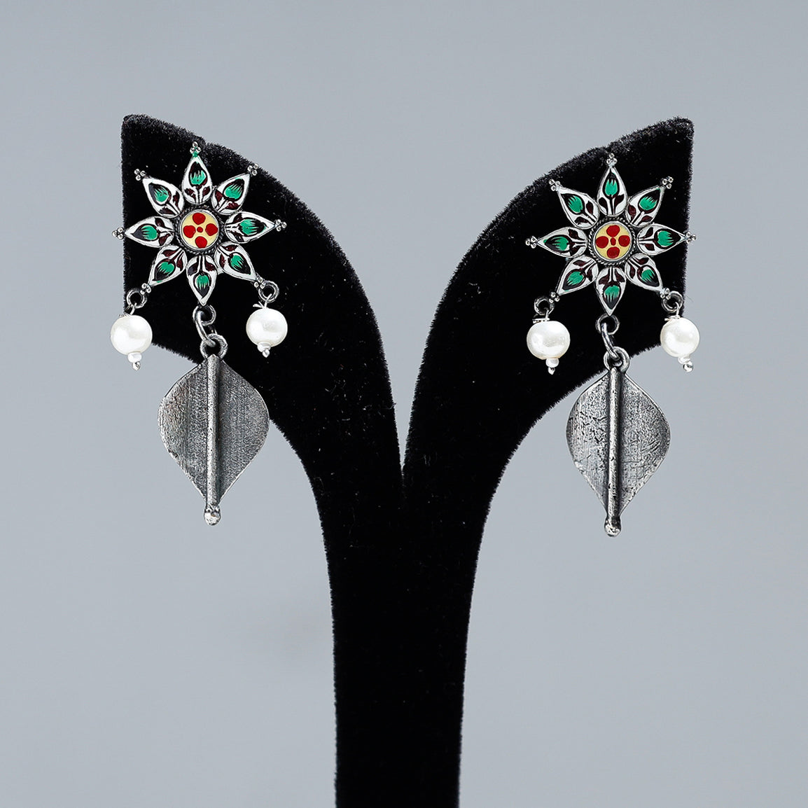 Antique Silver Finish Oxidised Brass Base Enamel Work Earrings