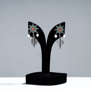 Antique Silver Finish Oxidised Brass Base Enamel Work Earrings