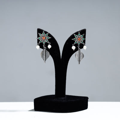 Antique Silver Finish Oxidised Brass Base Enamel Work Earrings