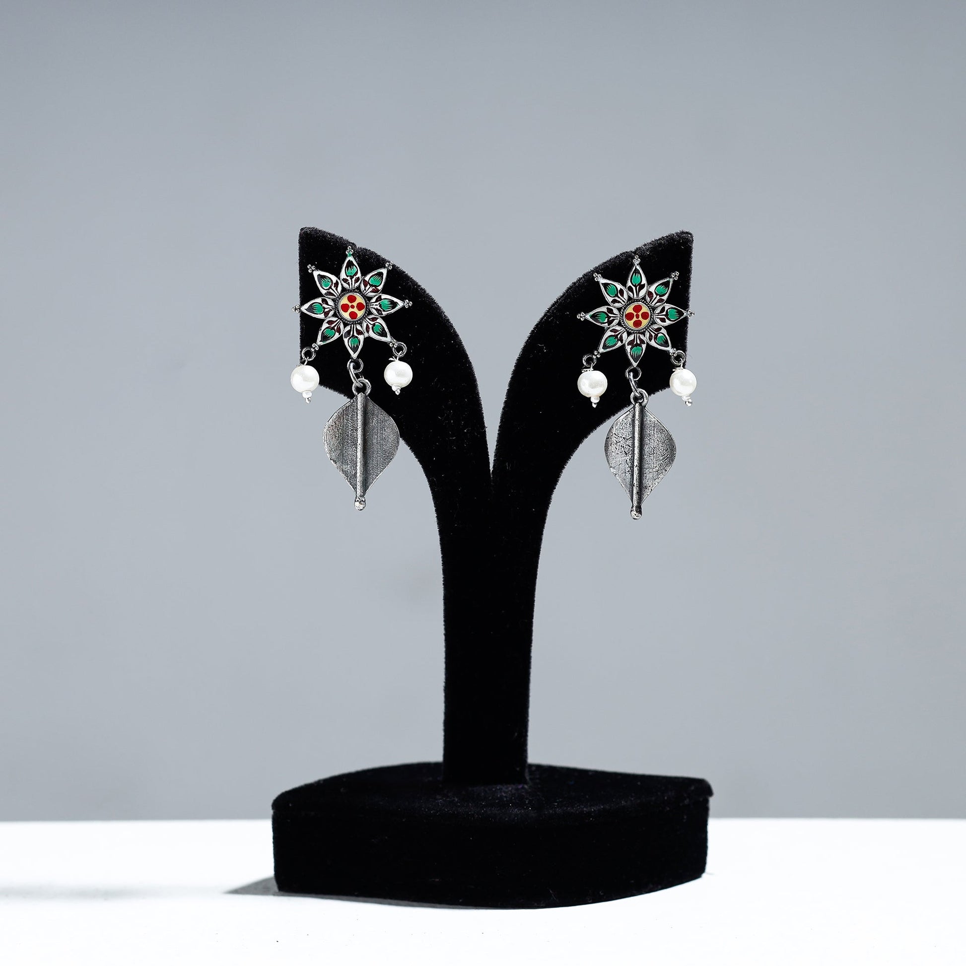Antique Silver Finish Oxidised Brass Base Enamel Work Earrings