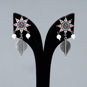 Antique Silver Finish Oxidised Brass Base Enamel Work Earrings