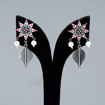 Antique Silver Finish Oxidised Brass Base Enamel Work Earrings