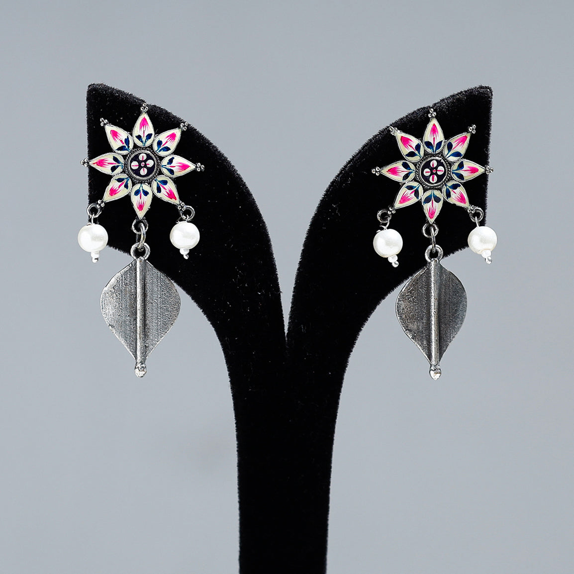 Antique Silver Finish Oxidised Brass Base Enamel Work Earrings