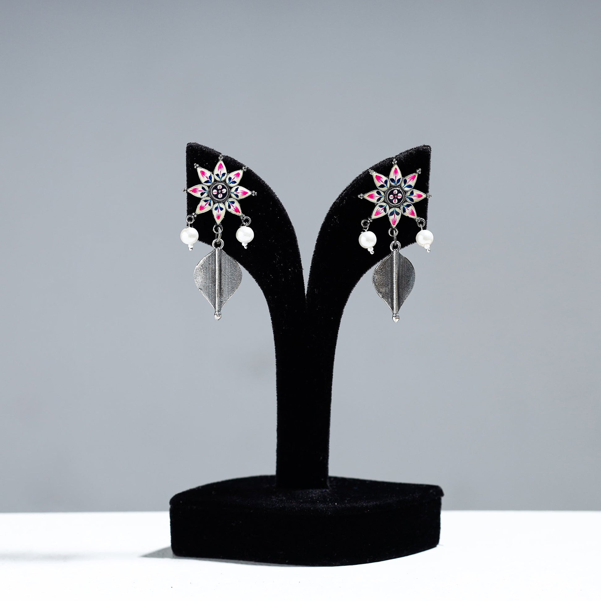 Antique Silver Finish Oxidised Brass Base Enamel Work Earrings