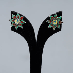 Antique Silver Finish Oxidised Brass Base Enamel Work Stud Earrings