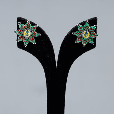 Antique Silver Finish Oxidised Brass Base Enamel Work Stud Earrings