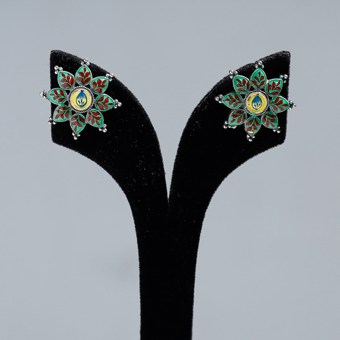Antique Silver Finish Oxidised Brass Base Enamel Work Stud Earrings