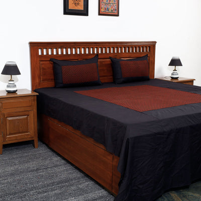 Black - Plain Cotton Double Bed Cover Set with Bagh Patchwork