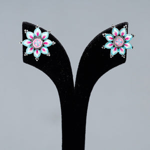 Antique Silver Finish Oxidised Brass Base Enamel Work Stud Earrings