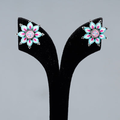 Antique Silver Finish Oxidised Brass Base Enamel Work Stud Earrings