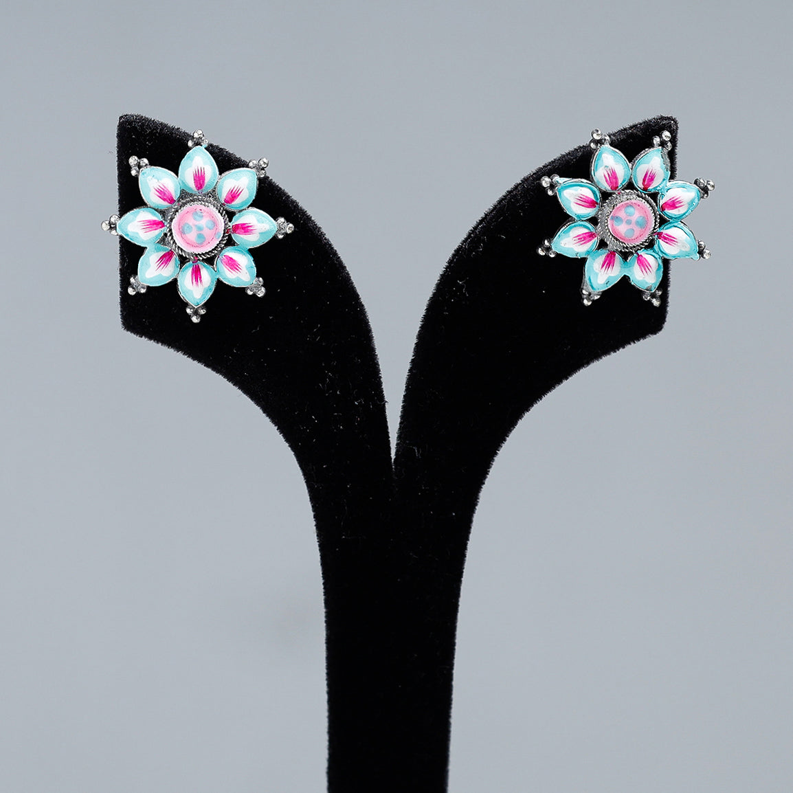 Antique Silver Finish Oxidised Brass Base Enamel Work Stud Earrings
