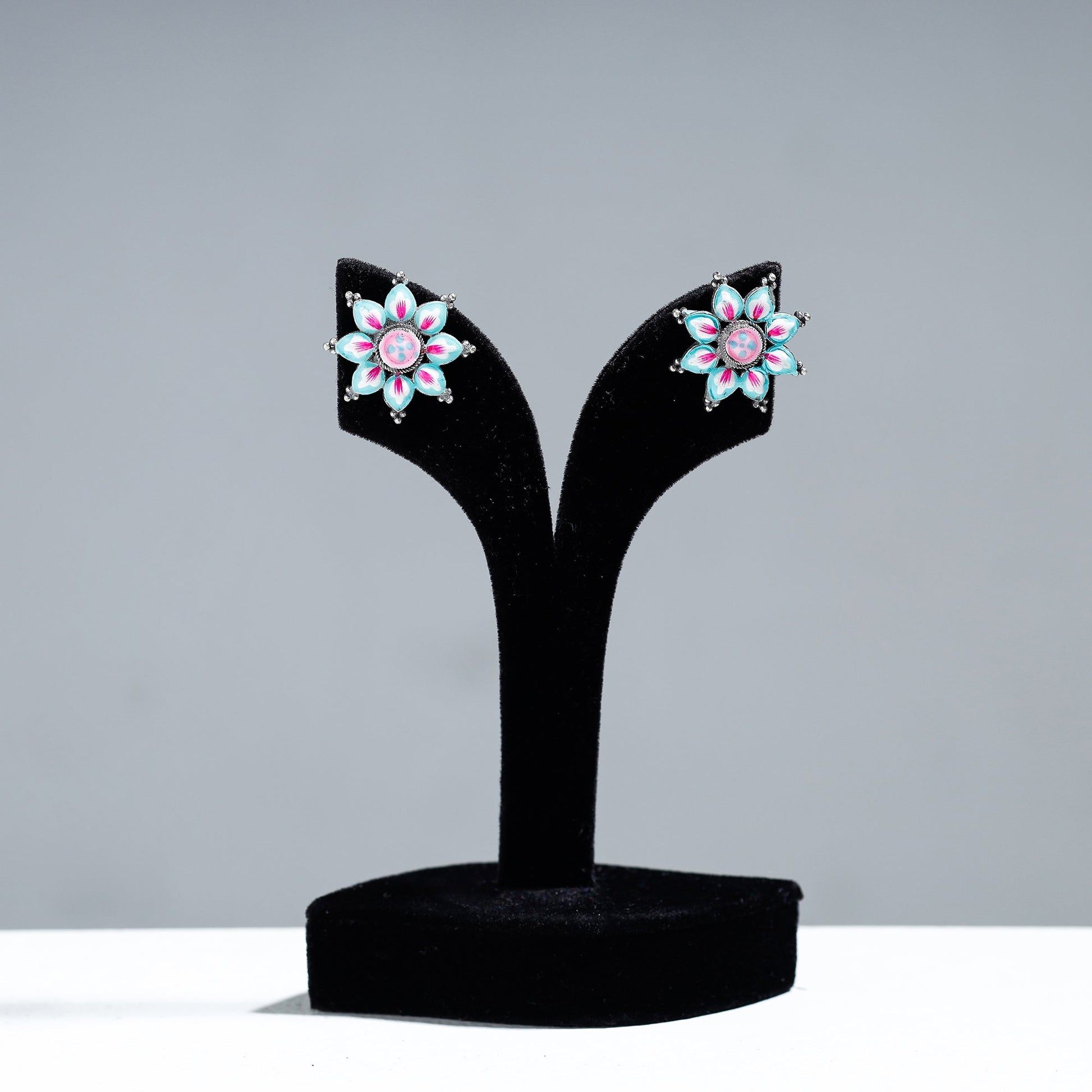 Antique Silver Finish Oxidised Brass Base Enamel Work Stud Earrings