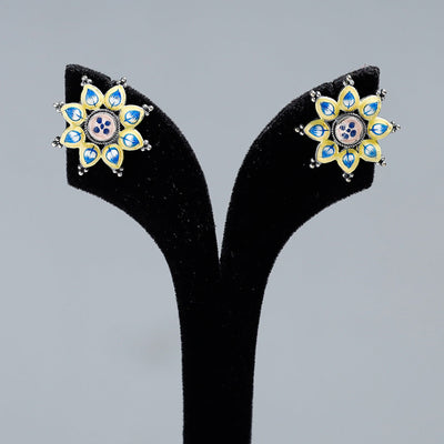 Antique Silver Finish Oxidised Brass Base Enamel Work Stud Earrings