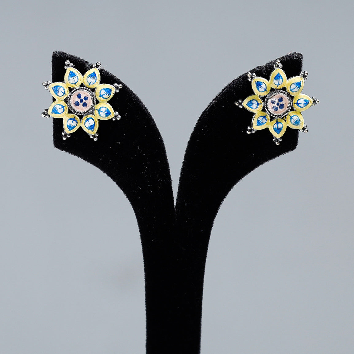 Antique Silver Finish Oxidised Brass Base Enamel Work Stud Earrings
