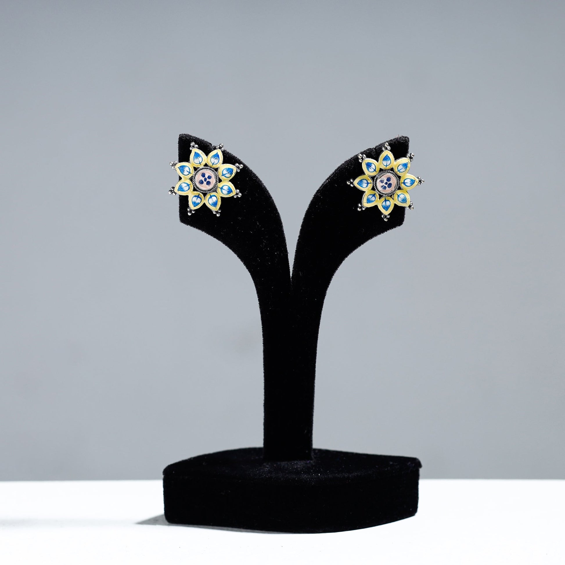 Antique Silver Finish Oxidised Brass Base Enamel Work Stud Earrings