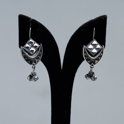 Antique Silver Finish Oxidised Brass Base Stone Work Earrings