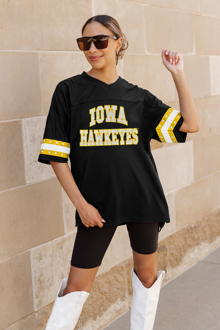 IOWA HAWKEYES UNTIL KICKOFF OVERSIZED V-NECK RHINESTONE-STRIPED TRIM FASHION JERSEY