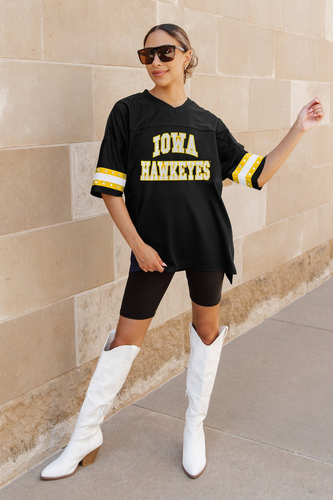 IOWA HAWKEYES UNTIL KICKOFF OVERSIZED V-NECK RHINESTONE-STRIPED TRIM FASHION JERSEY