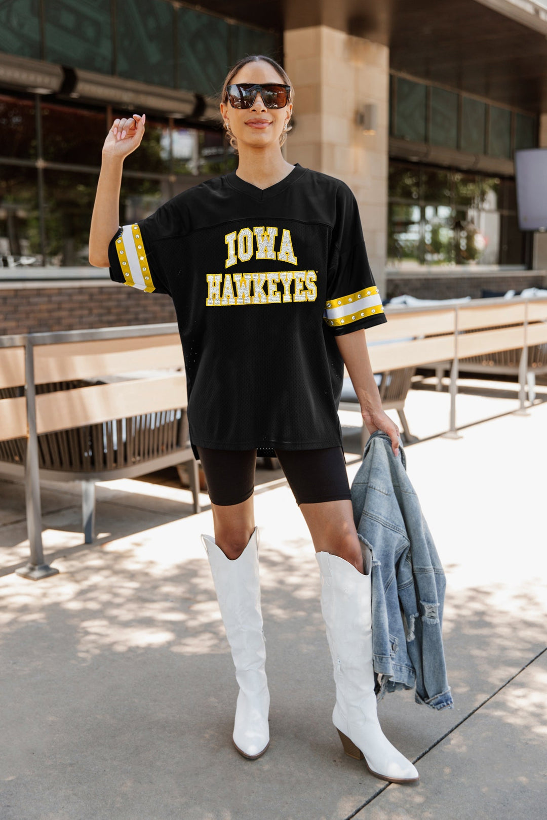 IOWA HAWKEYES UNTIL KICKOFF OVERSIZED V-NECK RHINESTONE-STRIPED TRIM FASHION JERSEY