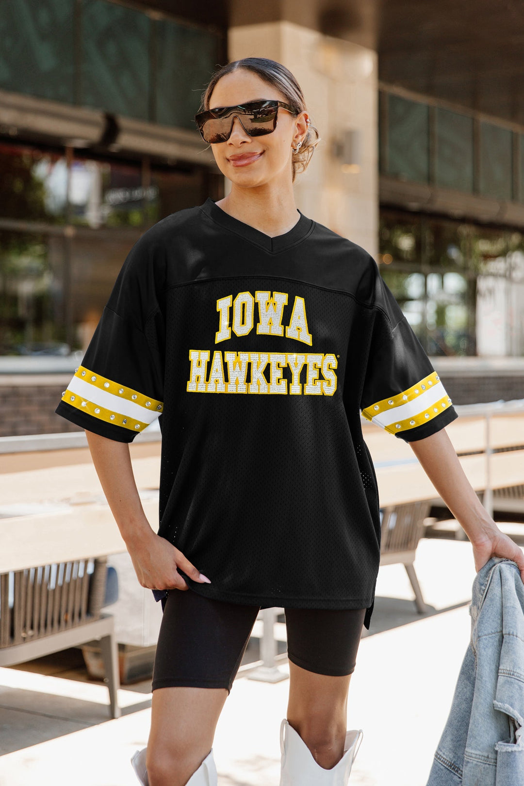 IOWA HAWKEYES UNTIL KICKOFF OVERSIZED V-NECK RHINESTONE-STRIPED TRIM FASHION JERSEY