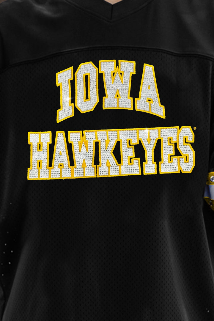 IOWA HAWKEYES UNTIL KICKOFF OVERSIZED V-NECK RHINESTONE-STRIPED TRIM FASHION JERSEY