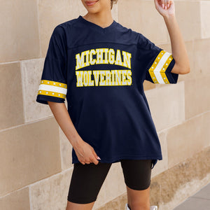 MICHIGAN WOLVERINES UNTIL KICKOFF OVERSIZED V-NECK RHINESTONE-STRIPED TRIM FASHION JERSEY
