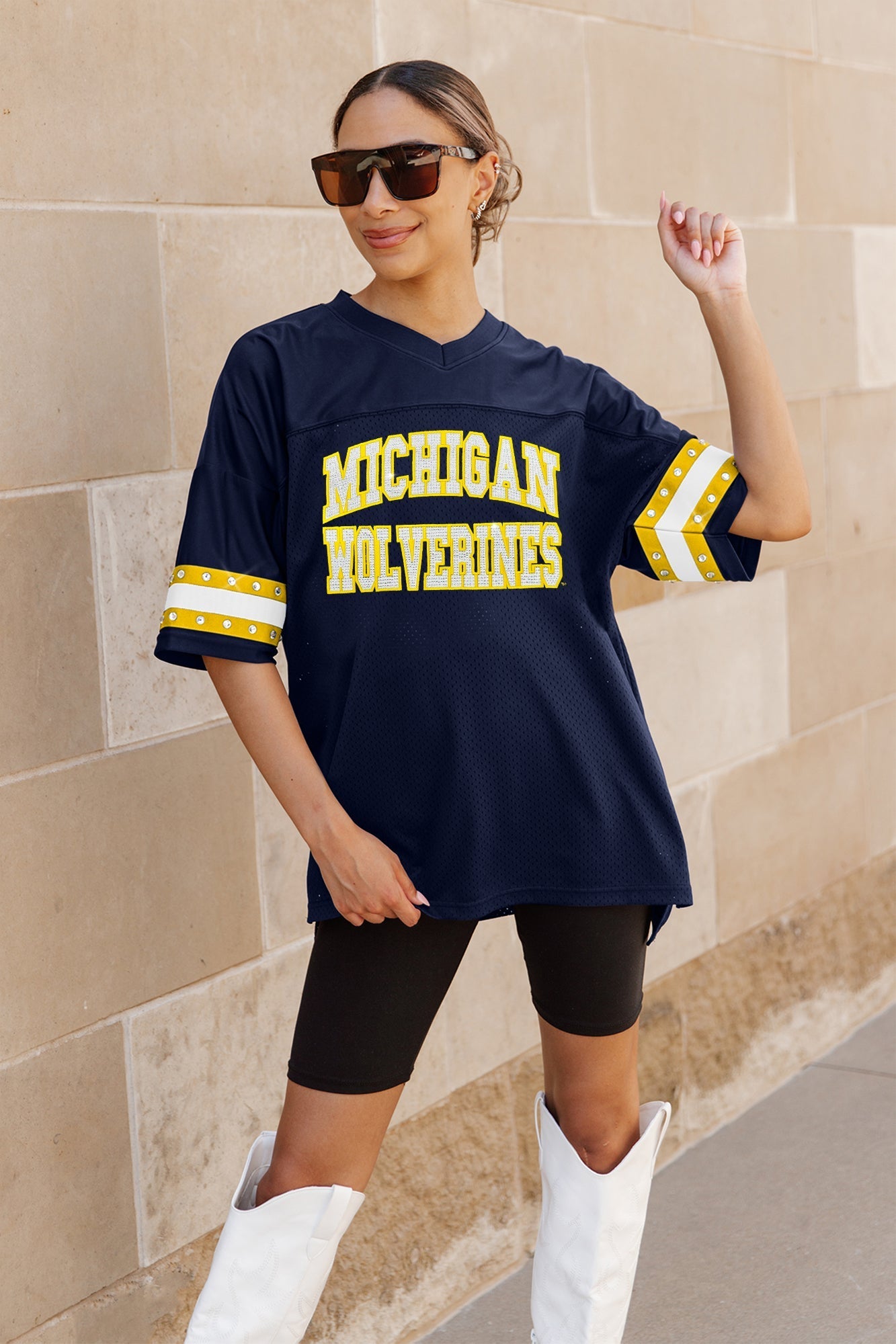 MICHIGAN WOLVERINES UNTIL KICKOFF OVERSIZED V-NECK RHINESTONE-STRIPED TRIM FASHION JERSEY