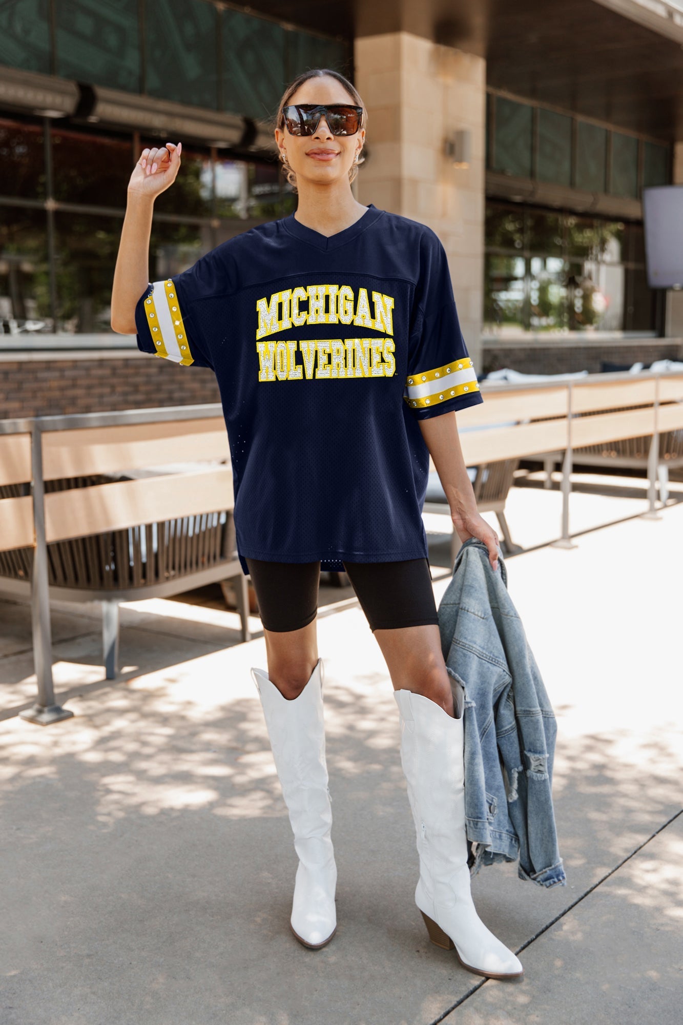 MICHIGAN WOLVERINES UNTIL KICKOFF OVERSIZED V-NECK RHINESTONE-STRIPED TRIM FASHION JERSEY