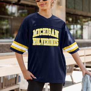 MICHIGAN WOLVERINES UNTIL KICKOFF OVERSIZED V-NECK RHINESTONE-STRIPED TRIM FASHION JERSEY