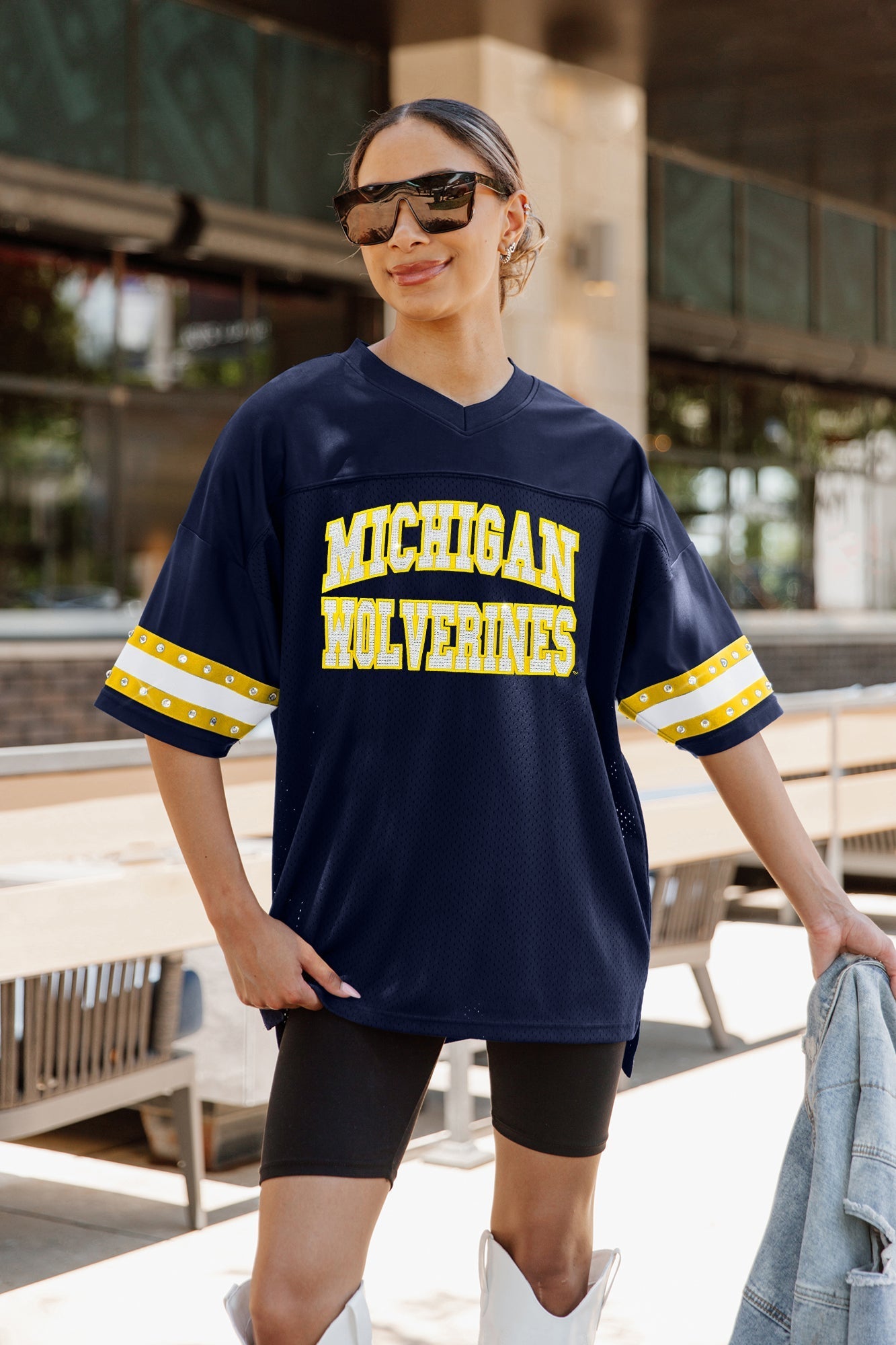 MICHIGAN WOLVERINES UNTIL KICKOFF OVERSIZED V-NECK RHINESTONE-STRIPED TRIM FASHION JERSEY
